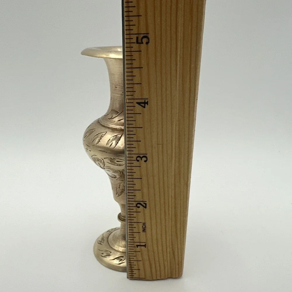 Vintage Brass Bud Vase Pedestal Base Etched Floral Leaf Boho Accent Decor 5